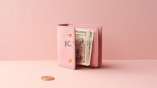 粉红色背景上带有硬币和纸币的金融钱包的 3D 渲染，象征着汇款概念