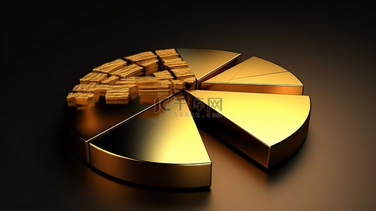 业务内容饼图和闪闪发光的金币的 3D 渲染