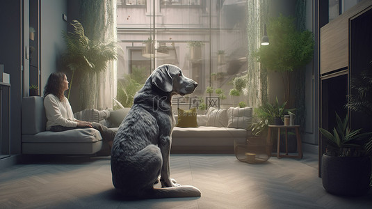 一只待在家里的狗和他的主人的 3D 插图