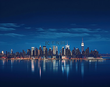 海湾城市背景图片_曼哈顿天际线 曼哈顿天际线被海湾天蓝色的海水吞没