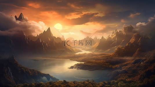 山区风光背景图片_超现实山景的 3D 插图，有朦胧的日落和宁静的河流