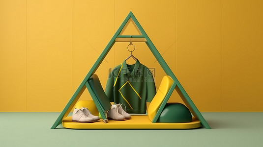 衣架上装饰着袋子和市场道具，中间是 3D 渲染的黄色和绿色几何形状