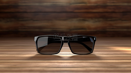 木桌上时尚黑色塑料太阳镜的 3D 渲染