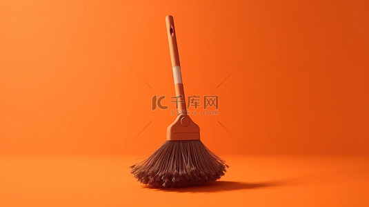 扫地机免费背景图片_橙色背景下单色色调扫帚的 3D 渲染