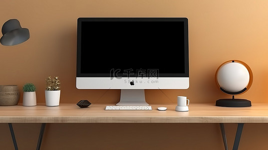 桌面电脑的办公室模型 3D 渲染，桌上有空白屏幕