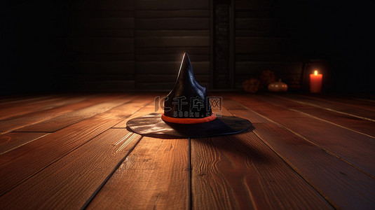 满月背景的万圣节节日，怪异的 3D 女巫帽搁在木地板上
