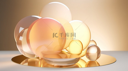 阳光下 3D 渲染中具有半透明圆板或球体的产品展示背景