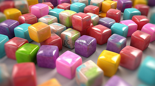彩虹糖背景图片_彩色方形口香糖的充满活力的 3D 插图
