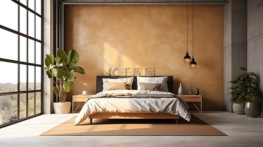 简约的卧室设计，配有 3D 渲染的家具和墙壁装饰