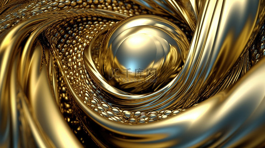 渲染的柔软豪华织物的 3D 图像在运动中与金色金属发光球体和环