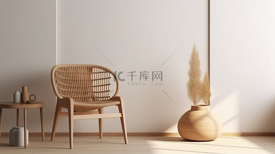 时尚现代的室内设计 3D 渲染白色灰色波浪墙浅木家具和木编织椅