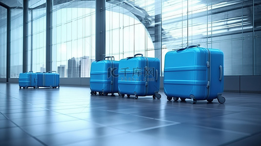 机场大巴背景图片_机场背景下 3D 渲染的蓝色硬箱行李箱