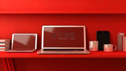 红色墙架，配有一系列数字设备笔记本电脑手机和平板电脑