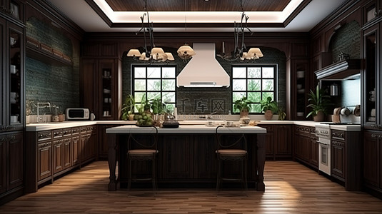 古典风格的厨房，带有现代风格的深色木质设计 3D 渲染