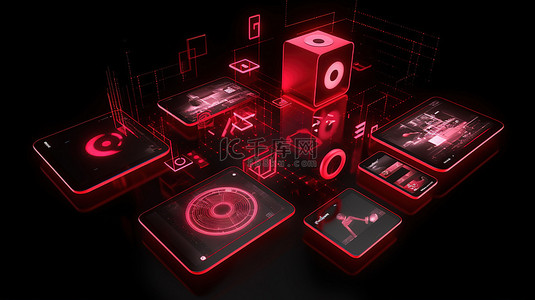 界面设计符号的红色 3D 渲染，包括从透视图看多媒体和音乐图标