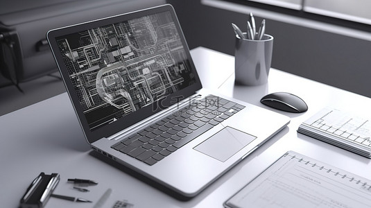 信息公示背景图片_办公室场景 3D 渲染的带图形的电脑笔记本