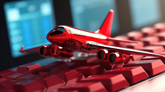充满活力的 3D 渲染，展示一架红色卡通玩具喷气式飞机飞过电脑键盘，并以极其特写的方式显示门票标牌