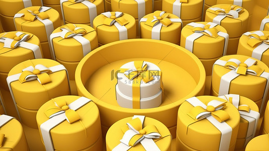 一圈黄色礼品盒的俯视视角，带有白色丝带和使用 3D 渲染技术创建的充满活力的背景