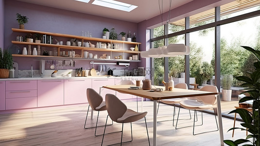 紫色家居背景图片_时尚的淡紫色厨房和餐厅内部 3D 渲染