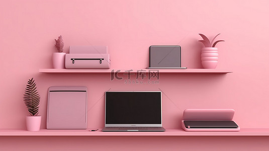 办公桌椅简笔画背景图片_数字设备笔记本电脑手机和平板电脑的 3D 插图显示在充满活力的粉红色墙架横幅背景上