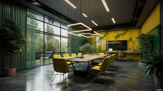 室内会议背景图片_办公楼 3D 渲染商务会议和工作区，配有绿色和黄色装饰
