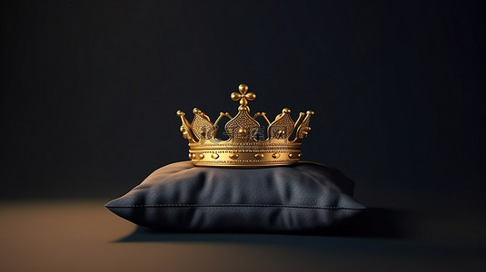 雄伟的金色王冠放在毛绒枕头上的渲染图像