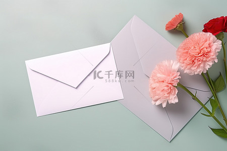 粉红色表面上的两个信封和小粉红色康乃馨