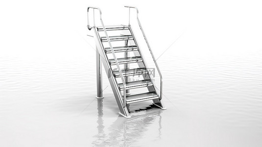 水上运动背景图片_3D 渲染的铬梯子，用于在水中白色背景上的游泳池
