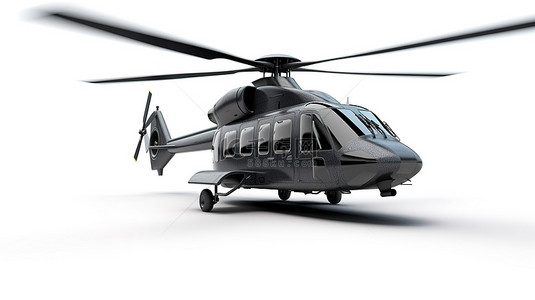 白色背景展示用于航空运输 3D 渲染的小型黑色军用直升机