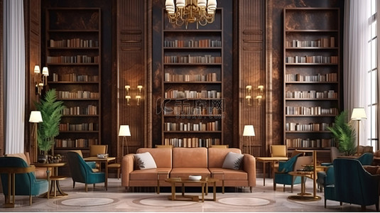 咖啡背景图片_装饰艺术风格图书馆酒吧的 3D 渲染，配有优雅的家具和书柜，具有现代感