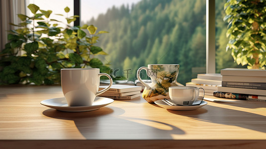 桌面上的咖啡杯和产品展示，配有风景优美的早晨背景 3D 渲染
