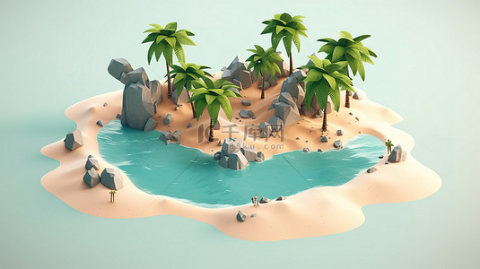 3D 等距视图中的热带岛屿天堂放松水和棕榈树