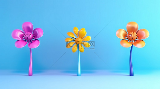 天蓝色背景上各种色调的充满活力的 3D 花朵，用于横幅和网页设计