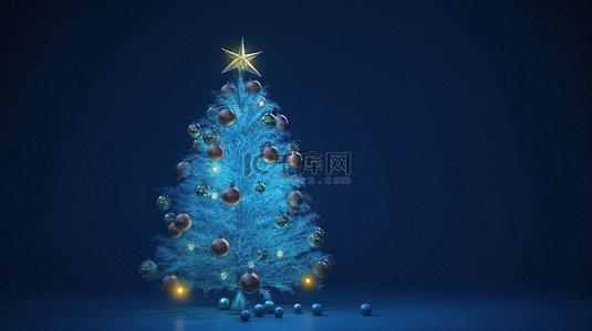 蓝色背景上装饰着充满活力的灯光和装饰品的圣诞树的节日 3D 渲染