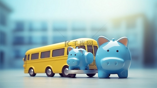 蓝色存钱罐和校车投资教育的 3d 渲染