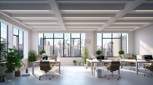 开放式办公背景图片_现代联合办公空间，可欣赏城市景观，时尚的家具和开放式天花板设计 3D 渲染