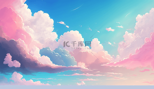创意粉色边框背景图片_云朵梦幻天空创意插图通天空背景