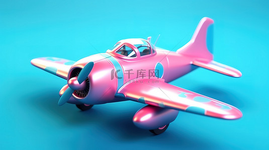 可爱的卡通飞机玩具，采用俏皮的粉色色调，以双色调风格 3D 渲染的蓝色背景为背景
