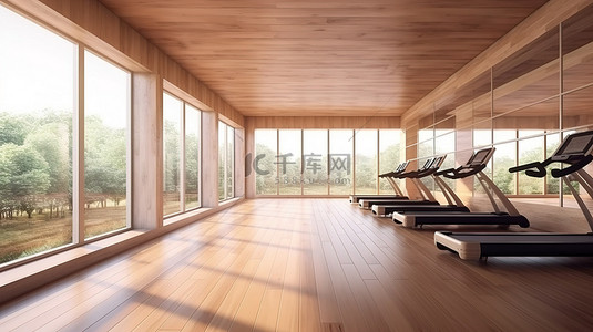 现代木质健身房和健身中心的 3D 壮丽景色
