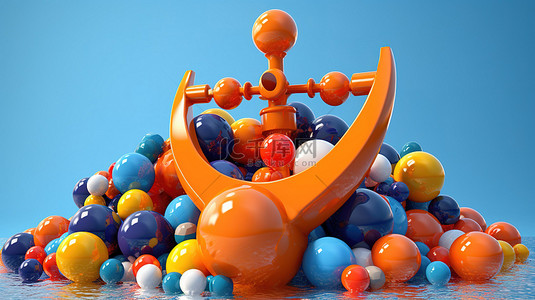 3D 渲染中俏皮的蓝色球体中色彩鲜艳的博亚灯塔和橙色锚