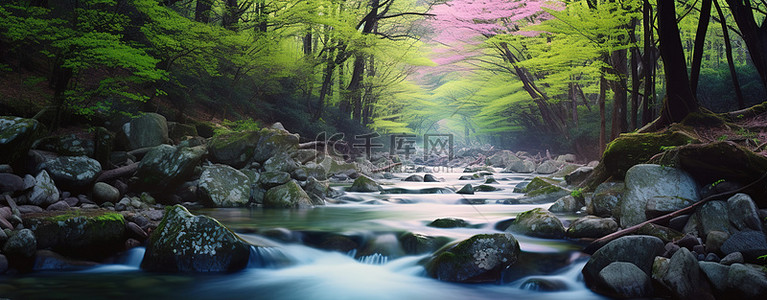 中森明菜背景图片_一条小溪在森林中流淌，背景中有一些树木