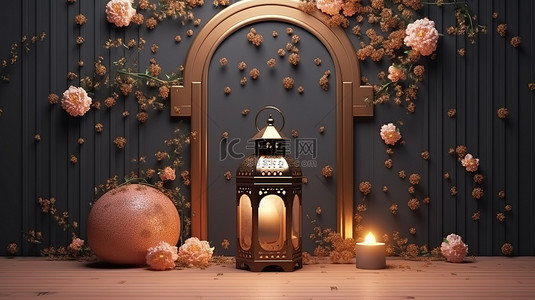 带花卉背景和灯笼的 3D 伊斯兰装饰插图