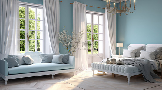 卧室床头柜背景图片_普罗旺斯风格的卧室配有白色家具和蓝色墙壁，配有沙发床和 3D 渲染的窗桌