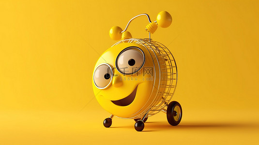 3D 渲染的闹钟吉祥物在充满活力的黄色背景上推着购物车