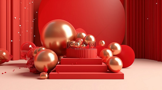 迷人的 3D 工作室讲台装饰着金色球节日礼品盒和充满活力的红色气球