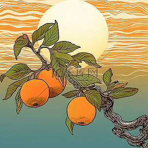 树上的梨背景图片_树上成熟的橙子，梨和蓝天背景