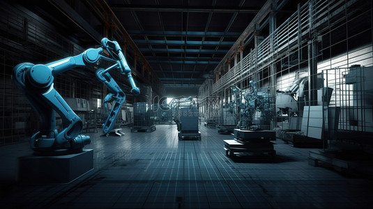 仓库等距背景图片_x 射线机器人和仓库机器人在 3d 渲染中一起工作