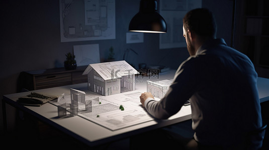3d草图模型背景图片_建筑设计师在笔记本电脑上工作，旁边是桌子上房子的详细 3D 模型