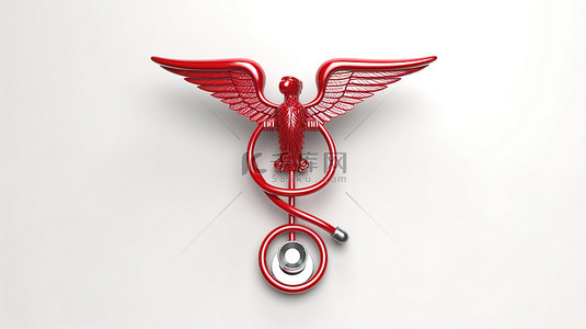 红色医疗背景背景图片_带有红色医疗杖符号的白色背景的 3d 渲染