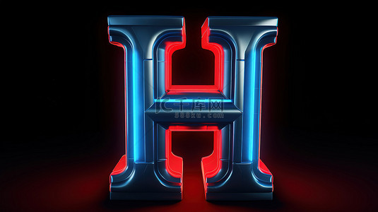 明亮的霓虹灯红色字母 h 在蓝色背景 3d 渲染中照亮
